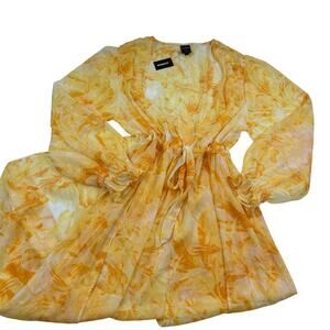 Express Abstract Watercolor Yellow Long Line Semi-Sheer Kimono Women's Size M/L